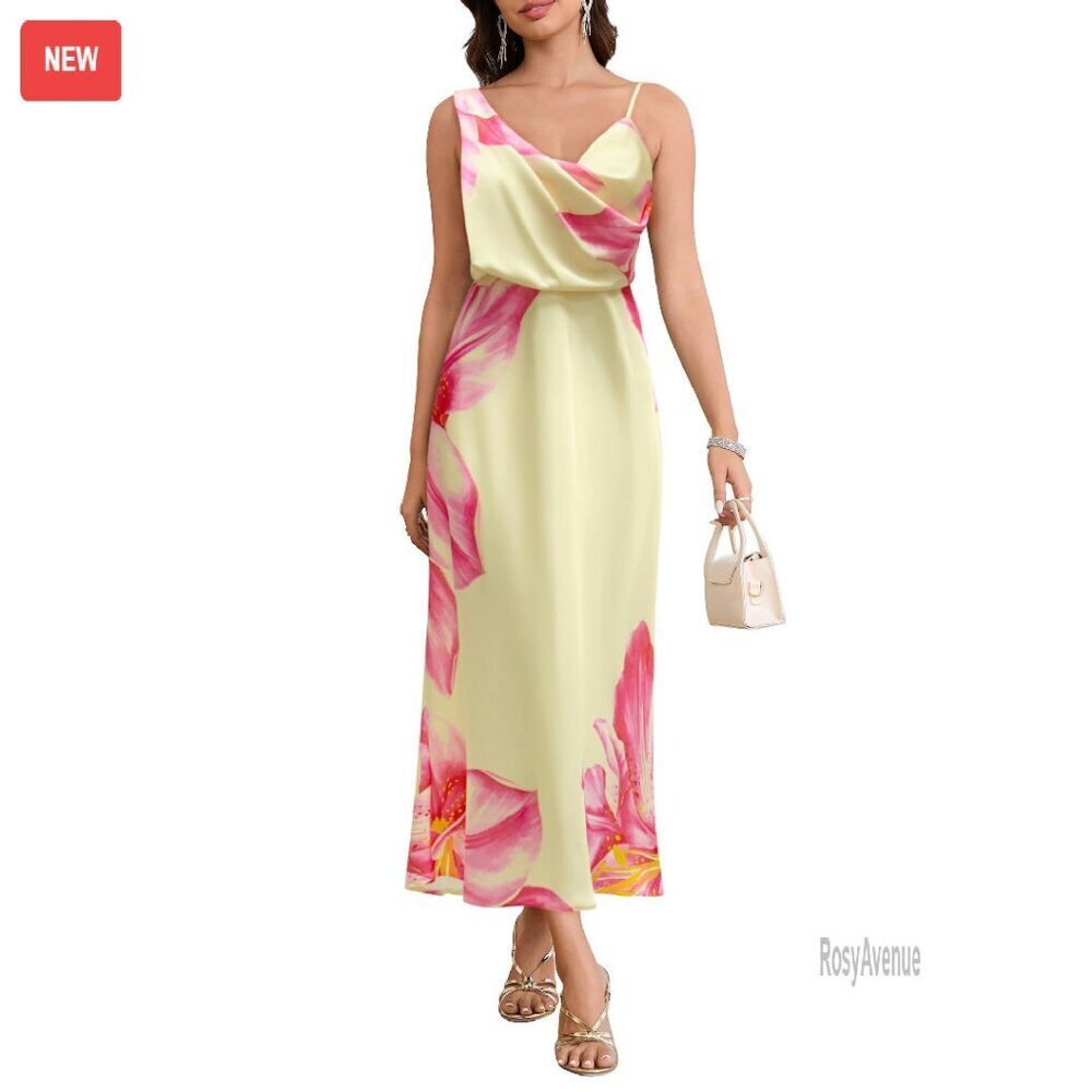 Satin Midi Dress with Cowl Neck Adjustable Straps Formal Wedding Guest